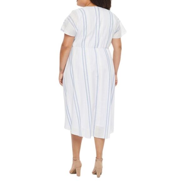 Studio I White And Blue Stripes Short Sleeve V-Neck Dress, Size 14, NWT - Picture 2 of 7